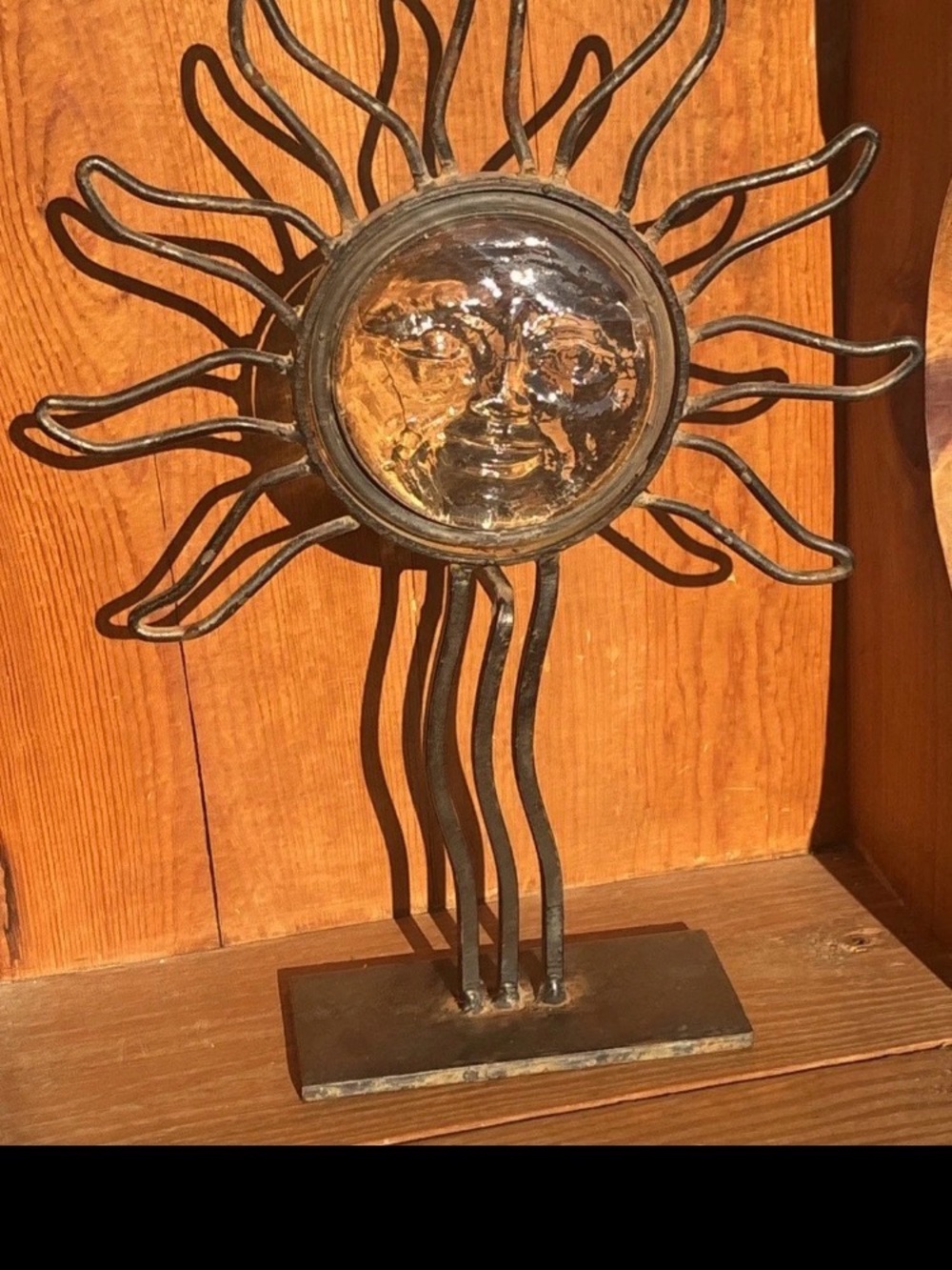 Vintage Large Celestial Sun Candle Holder Metal and Glass Face 1990s